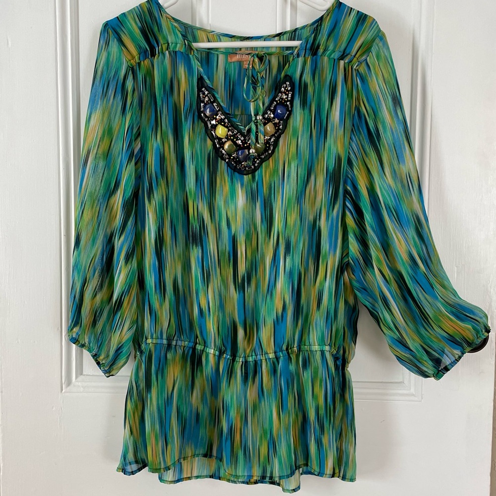 ELLEN TRACY Sheer Jeweled Y2K Collar Blouse Women’s L Beachy Boho Flowy Artsy